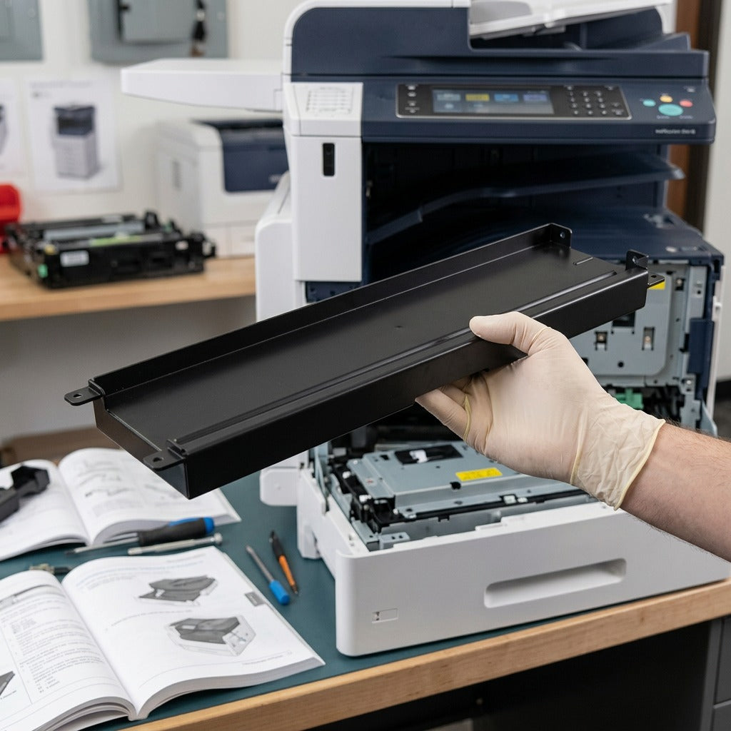 A technician in an office environment installs a black Xerox 497K20640 chute into a large printer.