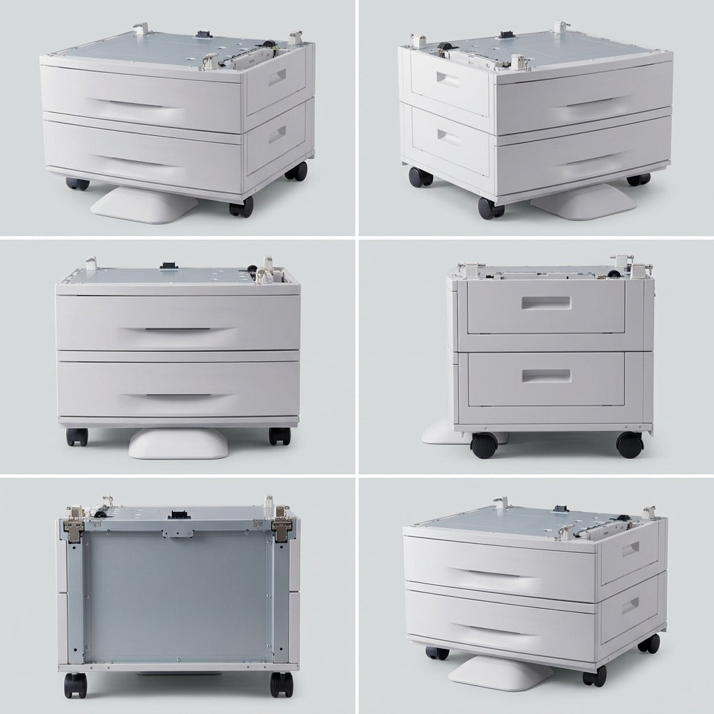 A six-panel visual matrix showing the multi-tray rolling stand from different perspectives and isometric angles.