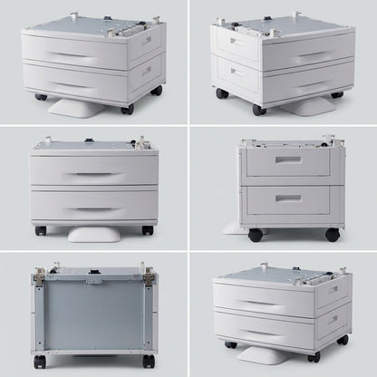 A six-panel visual matrix showing the multi-tray rolling stand from different perspectives and isometric angles.