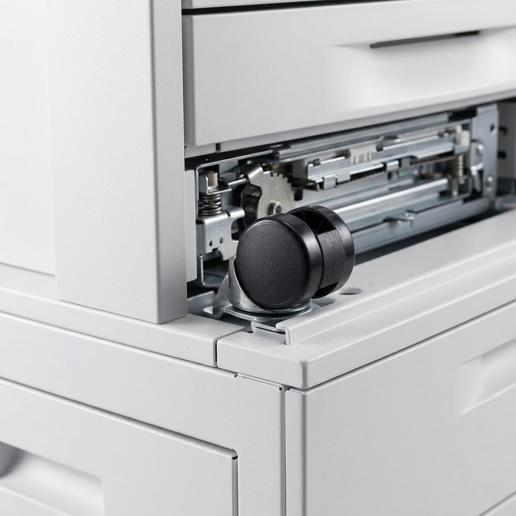 Macro view of a Xerox stand's caster and internal guide mechanism.