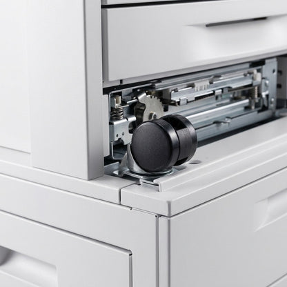 Macro view of a Xerox stand's caster and internal guide mechanism.