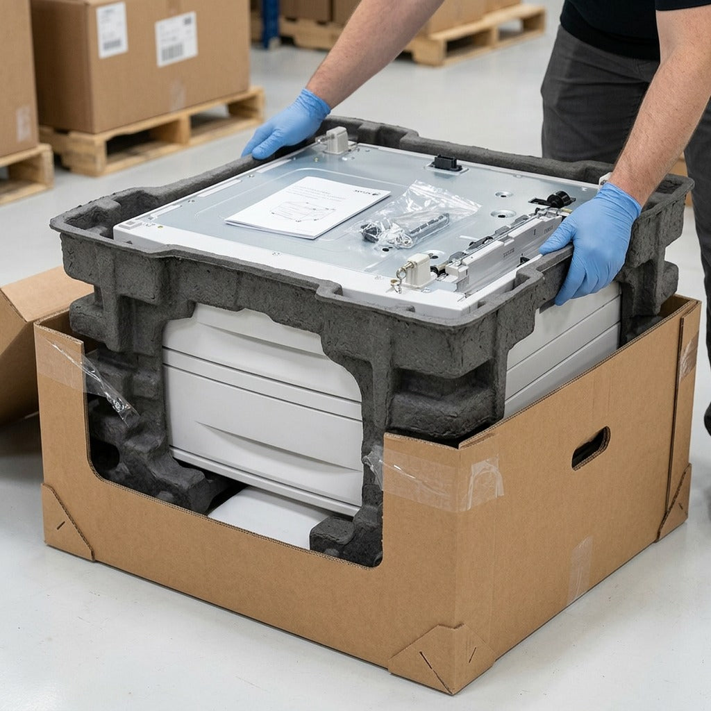 A depiction of the Xerox printer stand securely protected in neutral shipping foam, inside an open box for unboxing confidence.