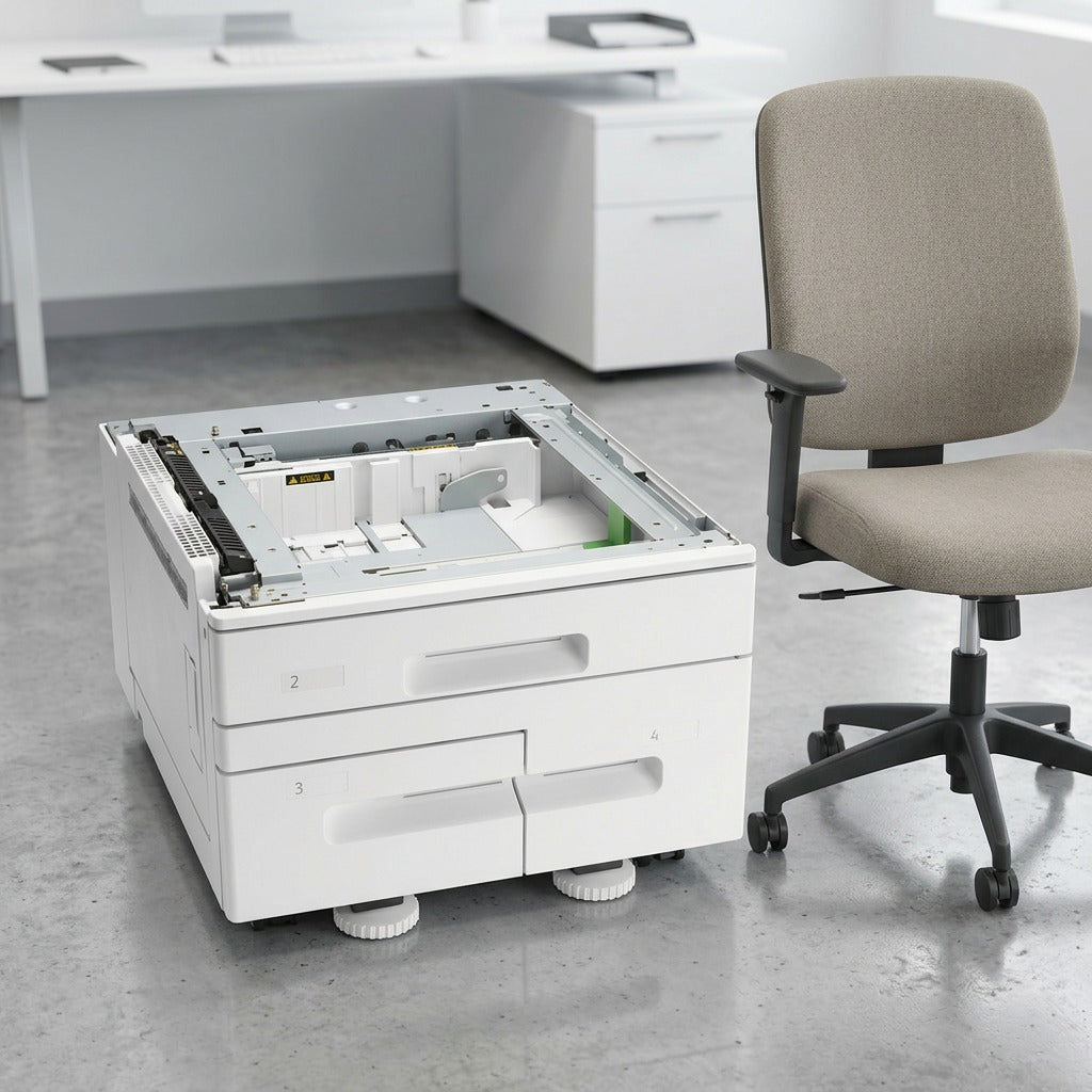 Tandem paper tray beside a standard office chair for scale.