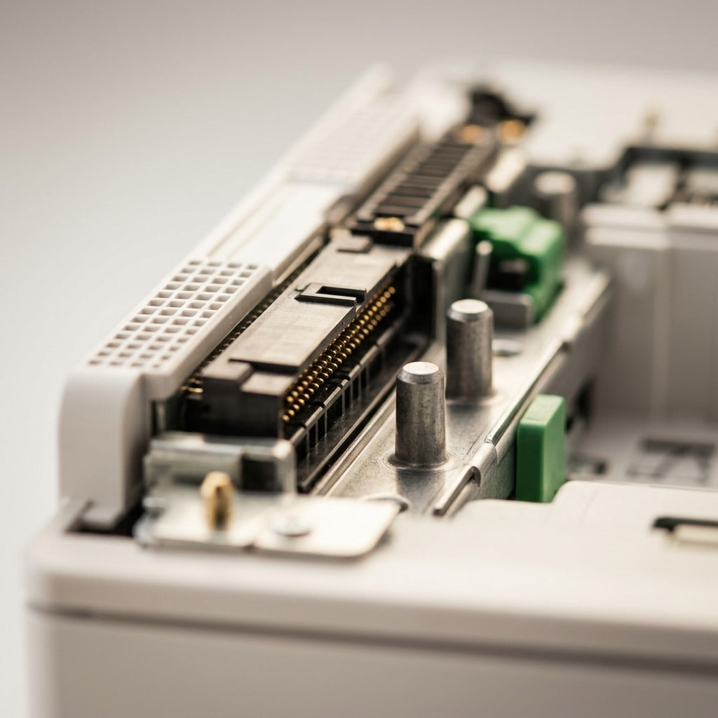 Detail view of the tandem tray interface, showing the multi-pin electronic connector, the green plastic guide, and a heavy-duty alignment pin.