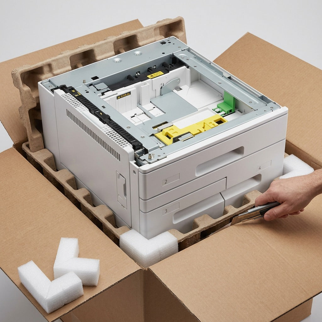Photo of the heavy office printer tray accessory with shipping padding.