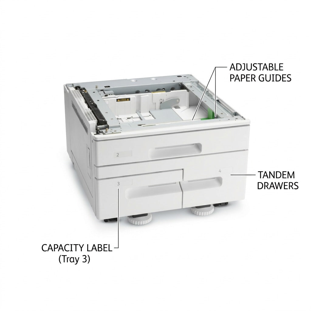 An ecommerce product graphic showcasing a High Capacity Tandem Tray for Xerox printers, featuring callout text and clean lines highlighting features like tandem drawers, paper guide, and capacity label.