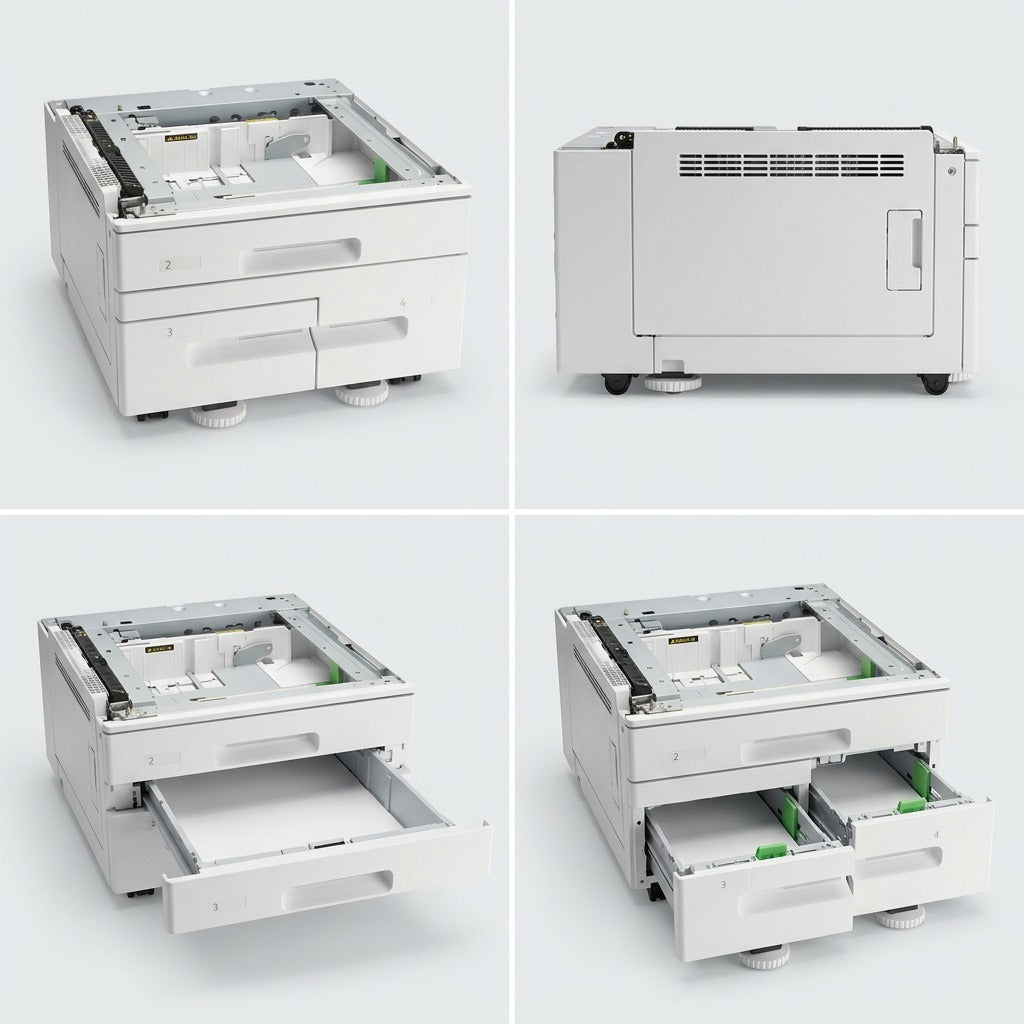 A high-quality product variant matrix showing the Xerox High Capacity Tandem Tray unit from multiple useful angles.