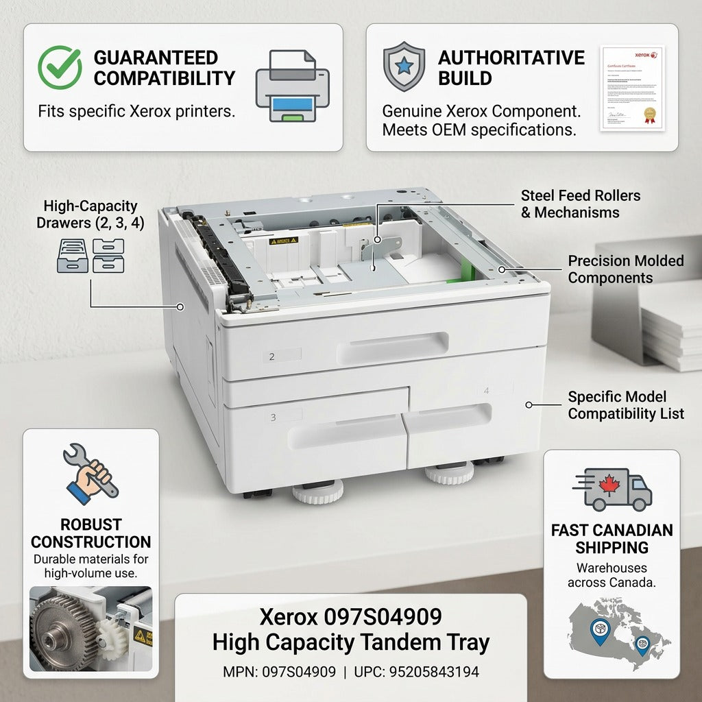 An infographic highlighting features of the Xerox 097S04909, such as fast shipping and compatibility.