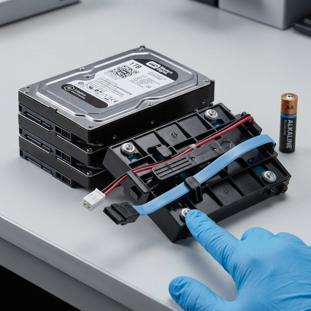 Xerox Productivity Kit shown with internal hard drives and a AA battery to reference its small size.