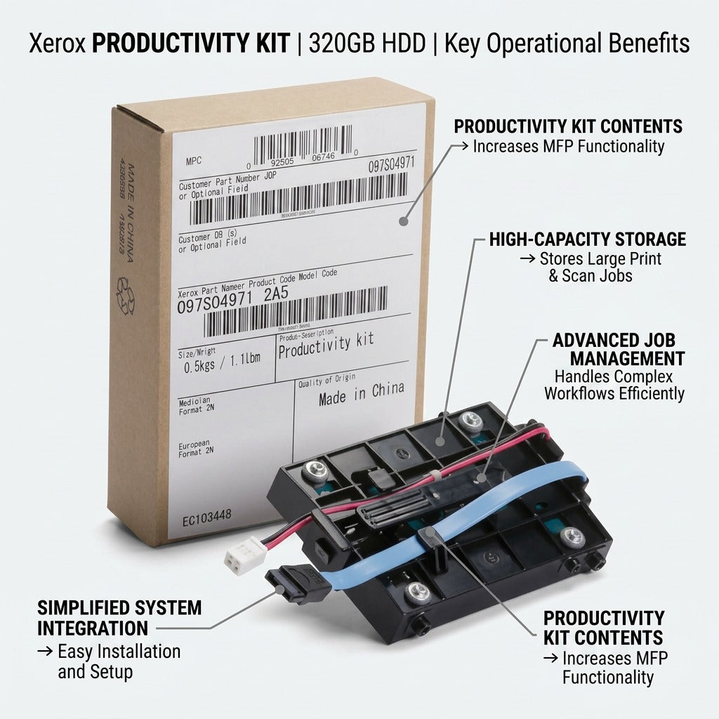 A functional product feature matrix for a Xerox 320GB HDD kit, detailing key operational benefits.