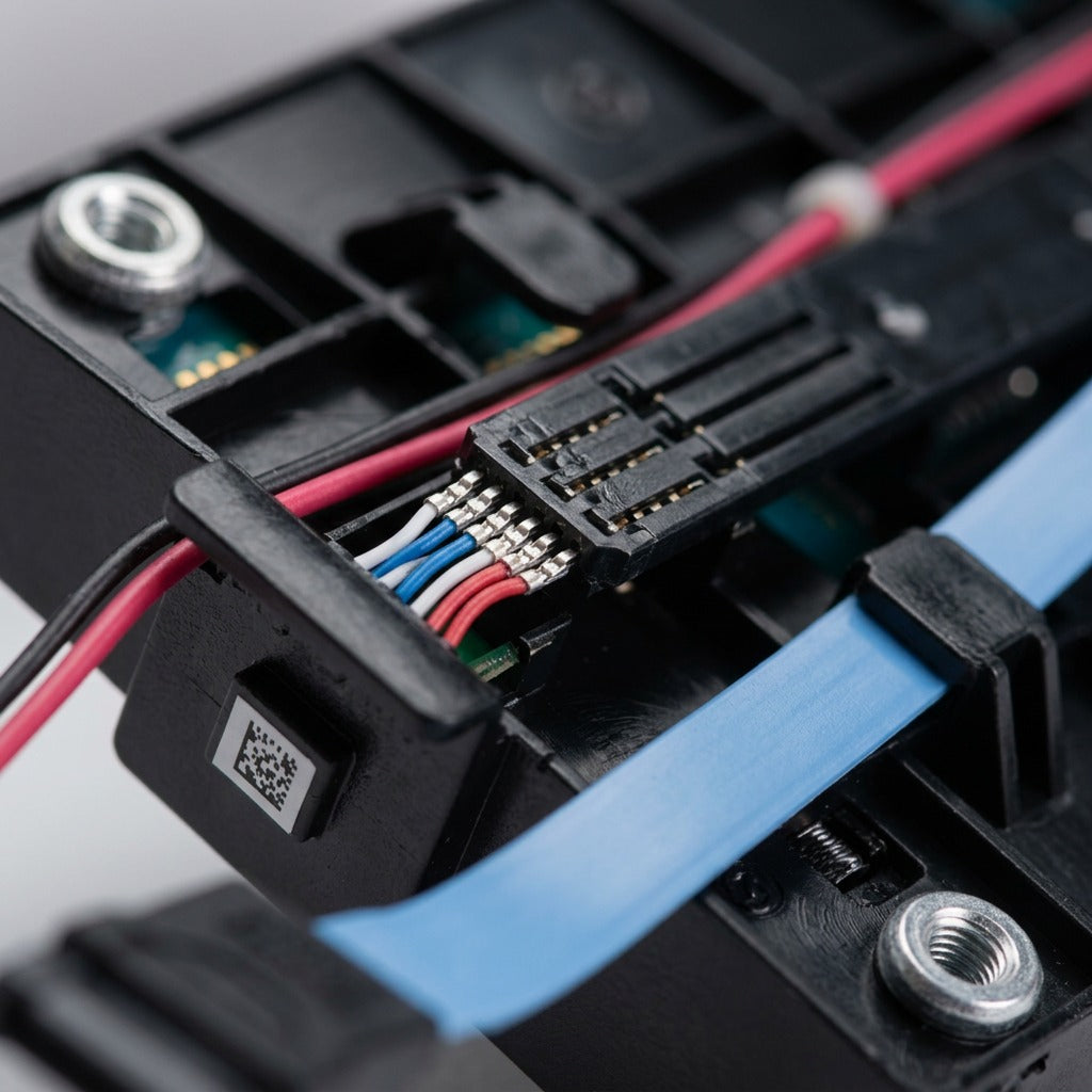 Macro close-up of a precision ribbon cable connector and locking screws on the Xerox productivity kit.