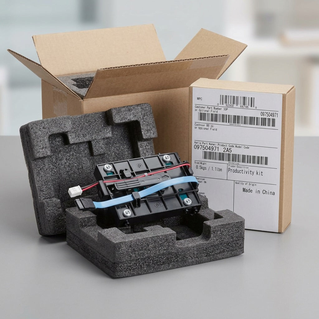 Unboxing of a Xerox Productivity Kit HDD module from protective foam packaging and shipping box.