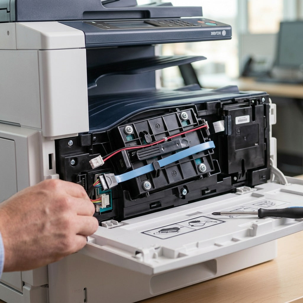 Lifestyle photo showing the Xerox 320GB HDD productivity kit installed in an open printer bay.