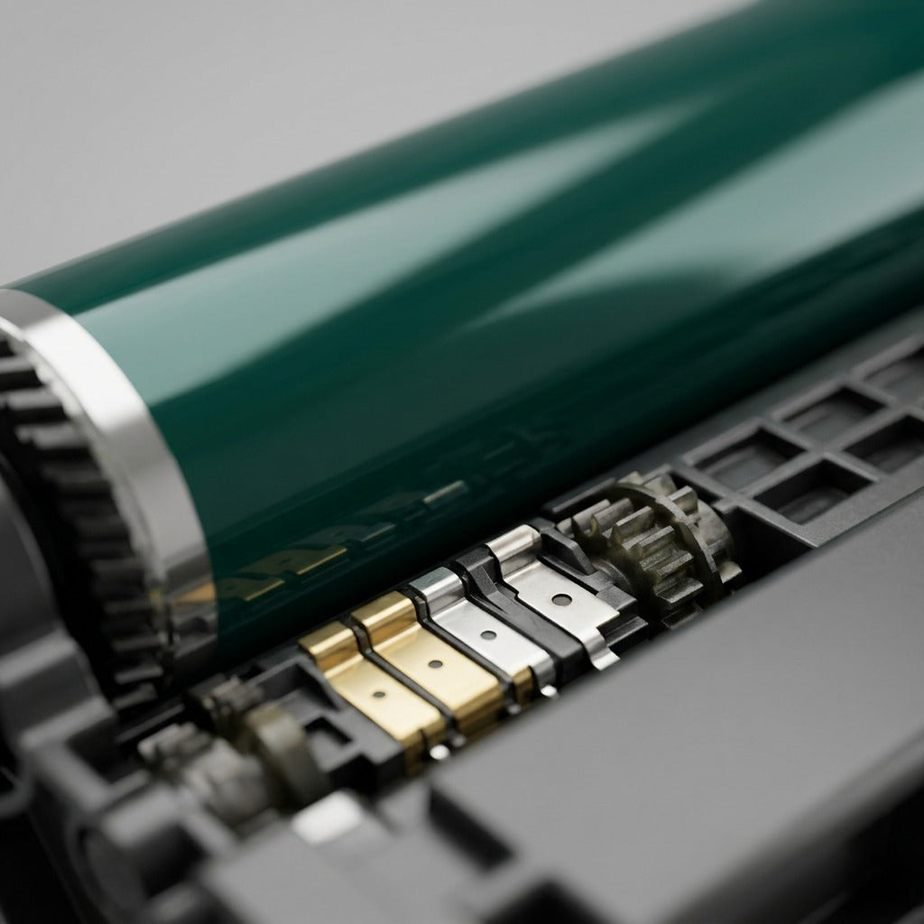 A macro photo of the green drum and gold connector pins in a Xerox C310 imaging kit (MPN: 013R00689).