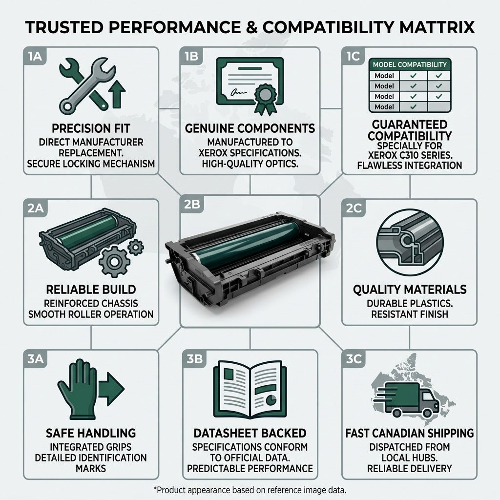 Infographic matrix for the Xerox Genuine Black Imaging Kit, featuring technical data and shipping information.