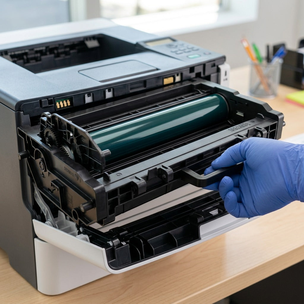 A photorealistic close-up shows the authentic Xerox 013R00689 Black Imaging Kit being carefully inserted into an office printer's internal slot.