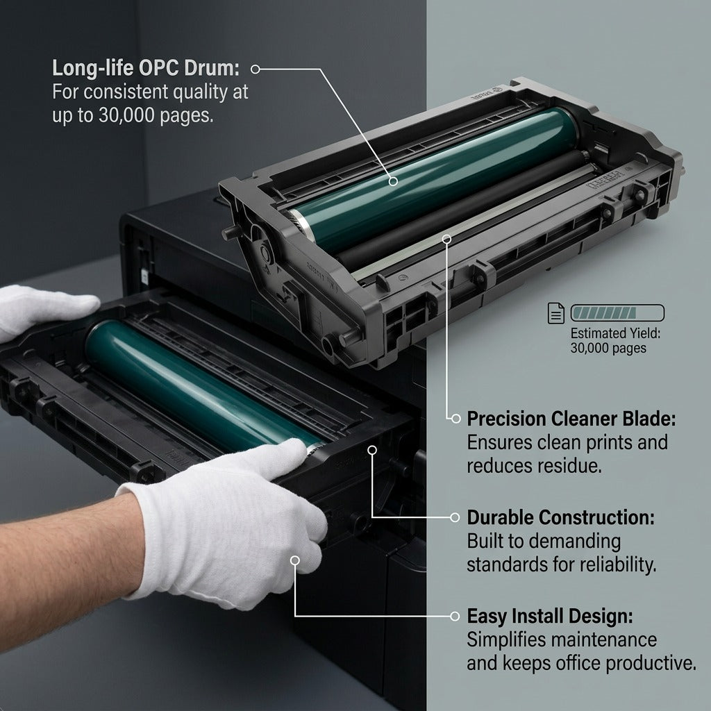 Operational feature callout graphic detailing the genuine black imaging kit with 30,000-page high capacity.