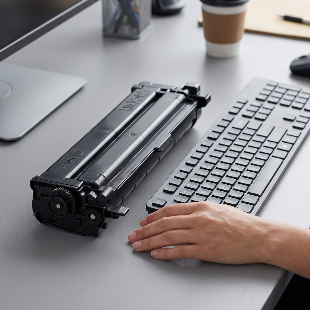 Xerox 006R01605 toner cartridge shown for size against a standard computer keyboard and hand.