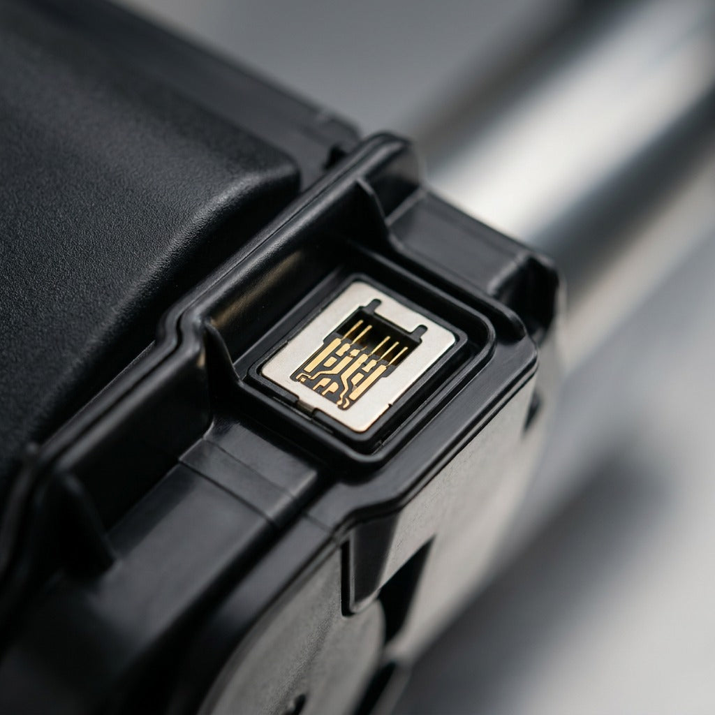 An extreme close-up photograph detailing the metallic gold-colored electrical contact pins on a Xerox 6R1605 toner cartridge.