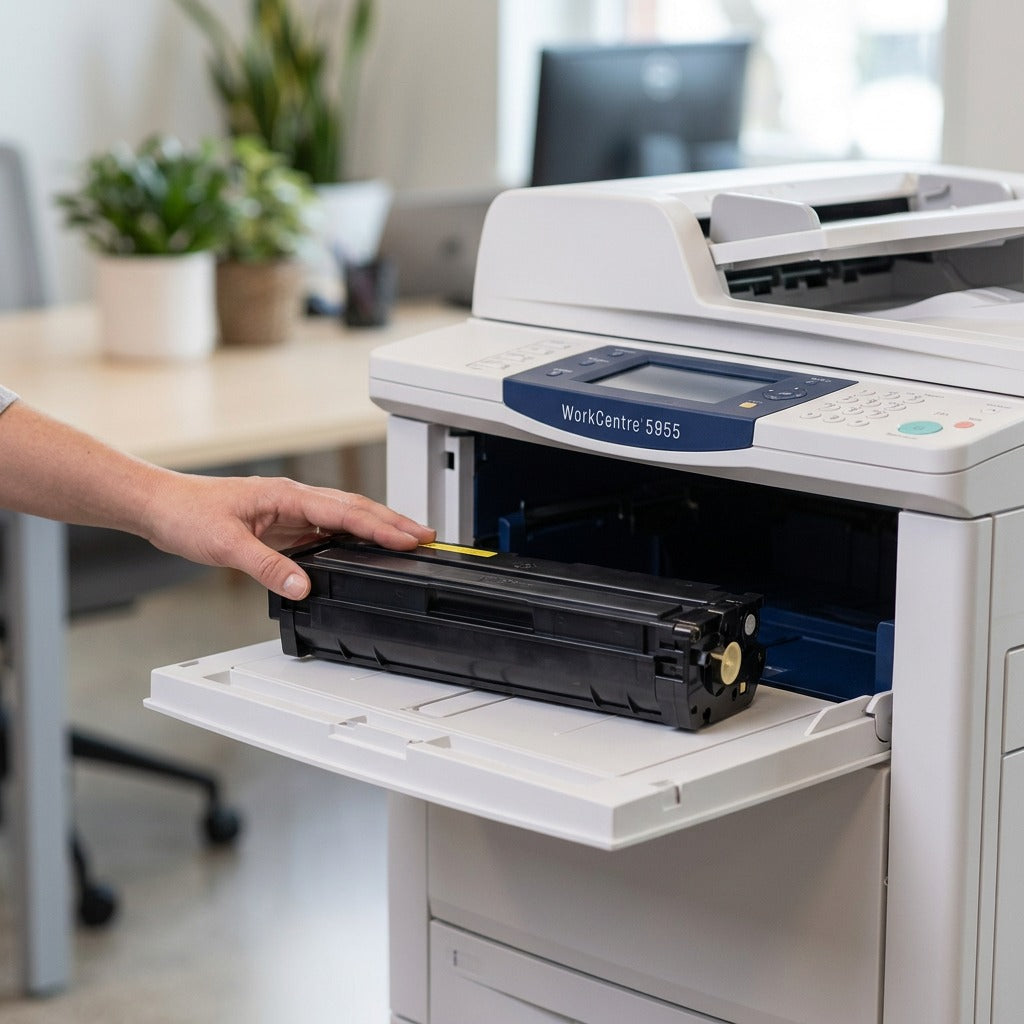 A 006R01605 toner cartridge, matching the box illustration, resting on a Xerox printer tray.