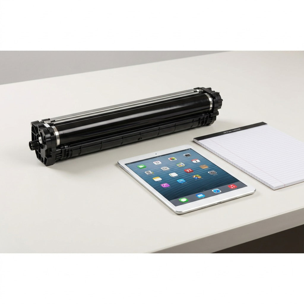 Scale reference photo for Xerox 013R00662 drum cartridge, showing size next to a standard tablet.