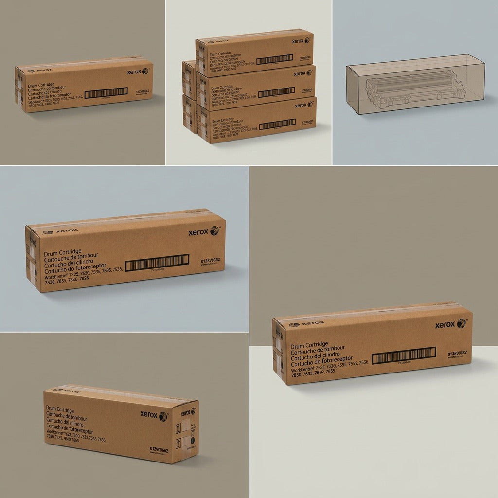 A six-panel matrix image showcasing the Xerox long-life drum cartridge. It features a stack of five boxes, alternative product orientations, and a wireframe render against grey backgrounds, while strictly adhering to your guidelines and matching the original box's text and logo precisely.