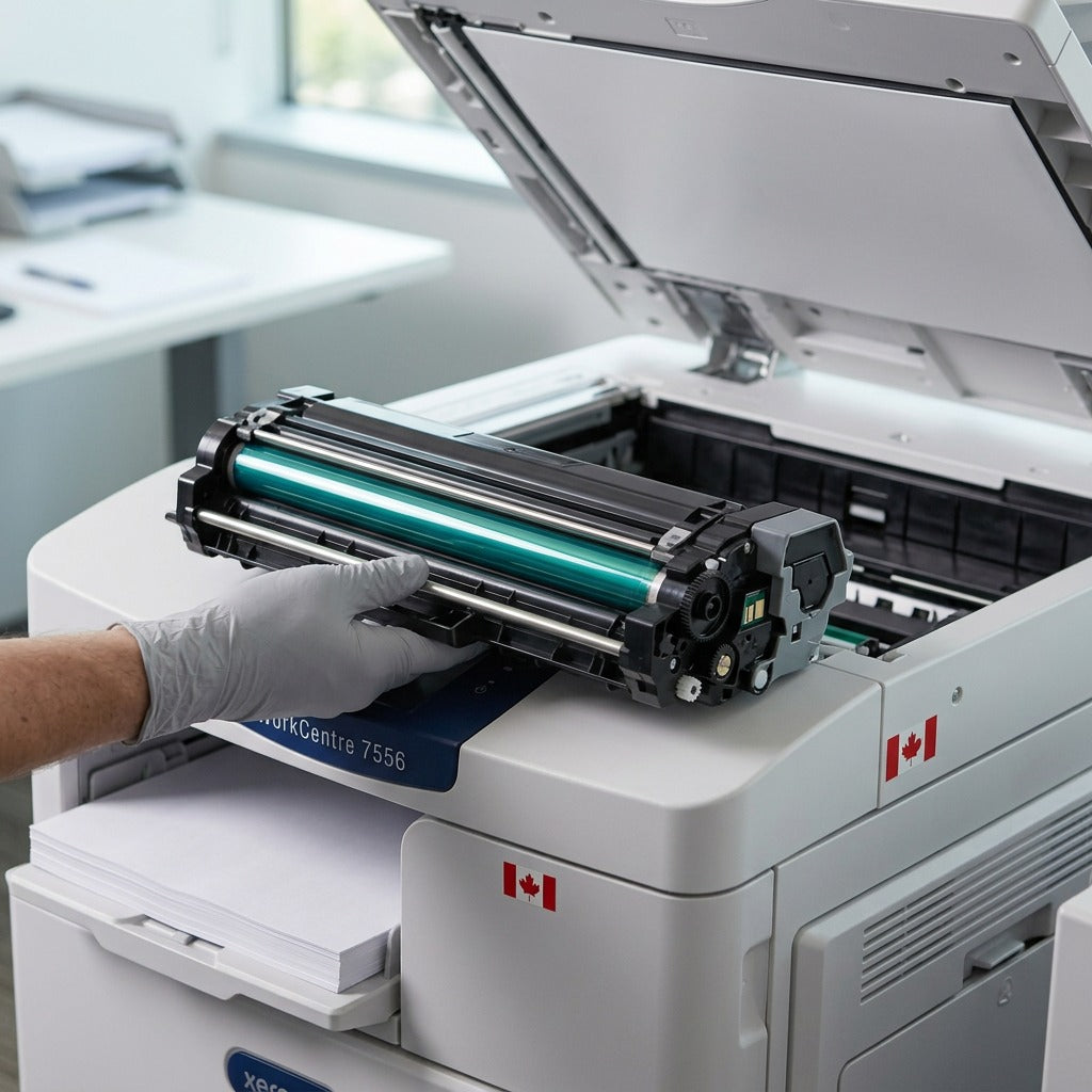 A service technician, wearing gloves, installs a green Xerox drum cartridge into a WorkCentre 7556.