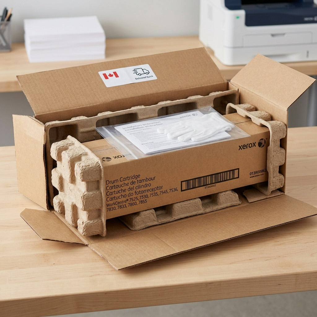 A protected unboxing of the Xerox Drum Cartridge, secure with custom molded pulp inserts for delivery.