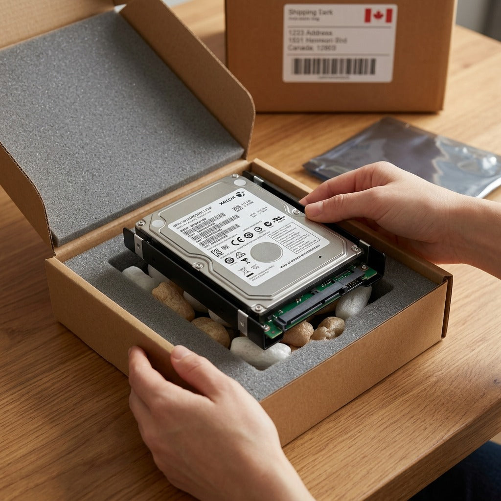 A close-up unboxing scene of the safe, foam-cushioned Xerox hard drive within a secure cardboard corner protector.