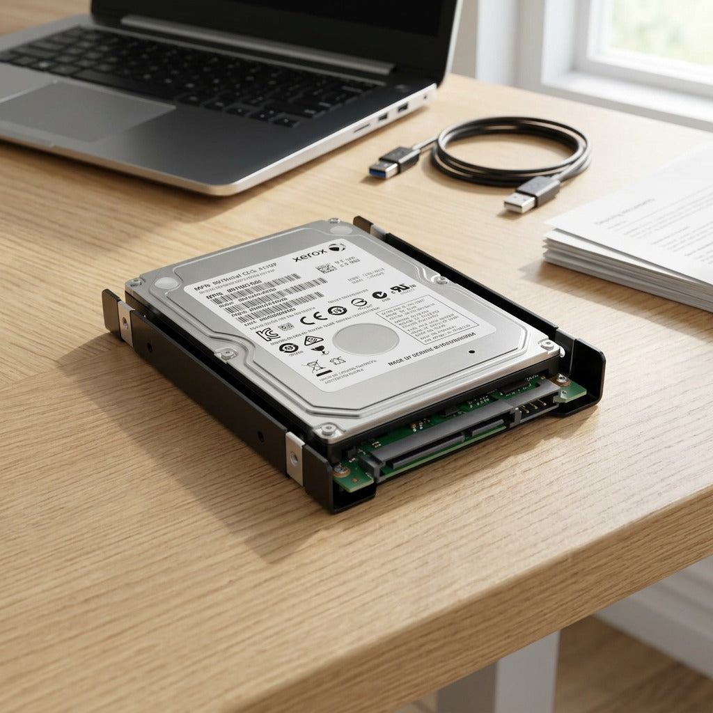 Close-up image of Xerox 500+GB Hard Disk (MPN 097N02466) in a tech setting, emphasizing its metal finish.