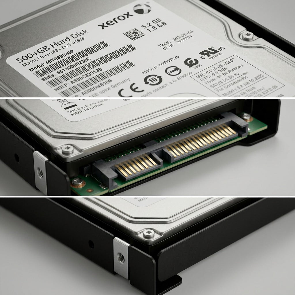 A macro photo showcaing the detailed texture, connectors, and precision build of a Xerox hard disk.