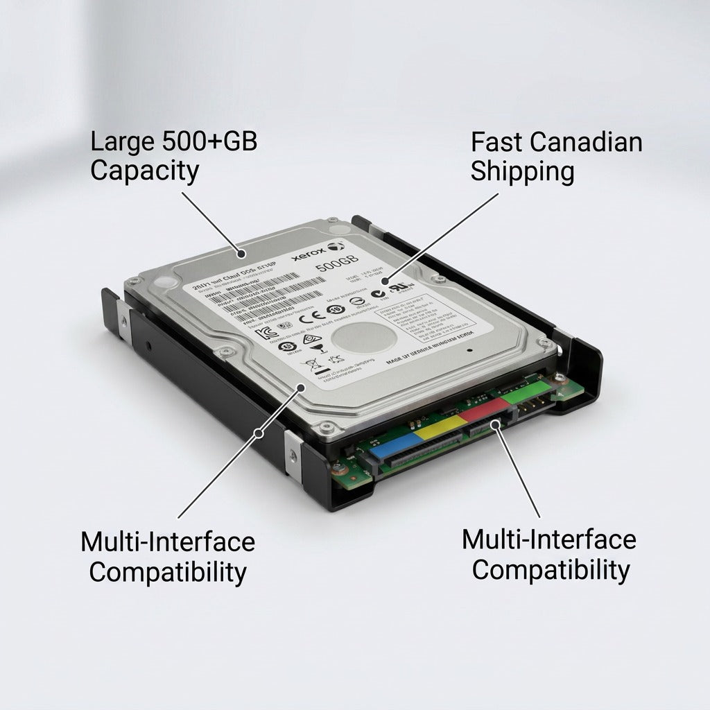 The image displays an exploded view of a 2.5-inch SATA hard drive from Xerox positioned as and marked with the label Xerox Hard Disk with a capacity exceeding 500GB. Key features are highlighted in call-out labels connected to specific parts of the drive. The text is crisp and factual. It features minimal overlay labels and clean lines with a neutral product-focused eCommerce styling under realistic lighting and clean background.