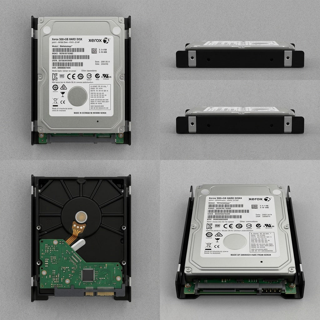 A top-down view of four identical Xerox Xerox 500+GB HARD DISK kits in a grid, showing its physical form from multiple angles on a clean, professional grey background.