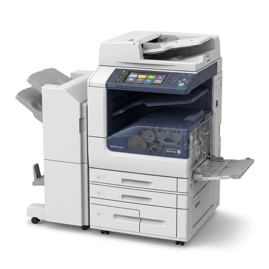 High-resolution 3/4 view of the black Xerox Healthcare MFP Solution, centered on a white background.