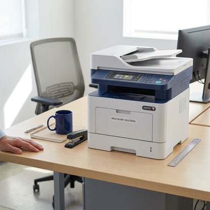 A photorealistic image showing the Xerox Healthcare MFP Solution beside a standard coffee mug.