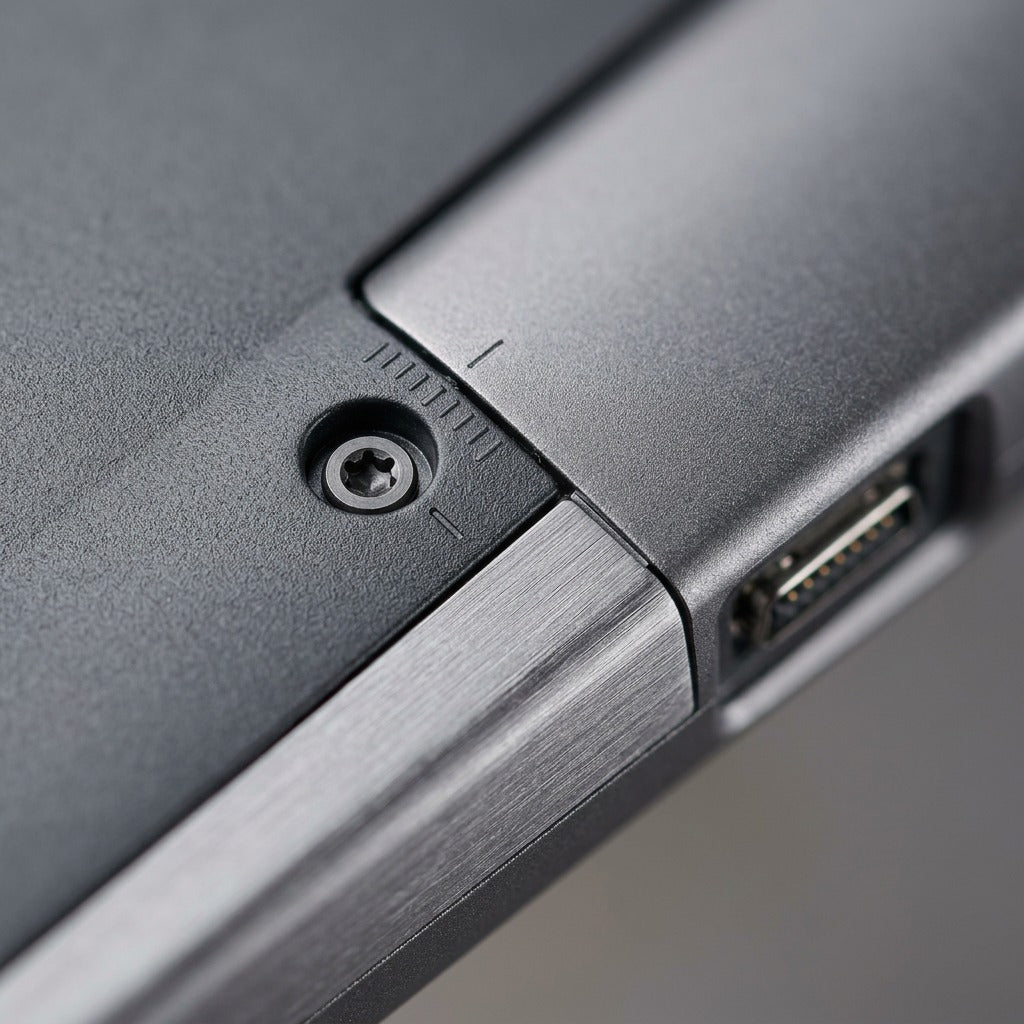 Extreme close-up macro photo of a textured grip, material seam, and miniature screw on a gray product chassis.