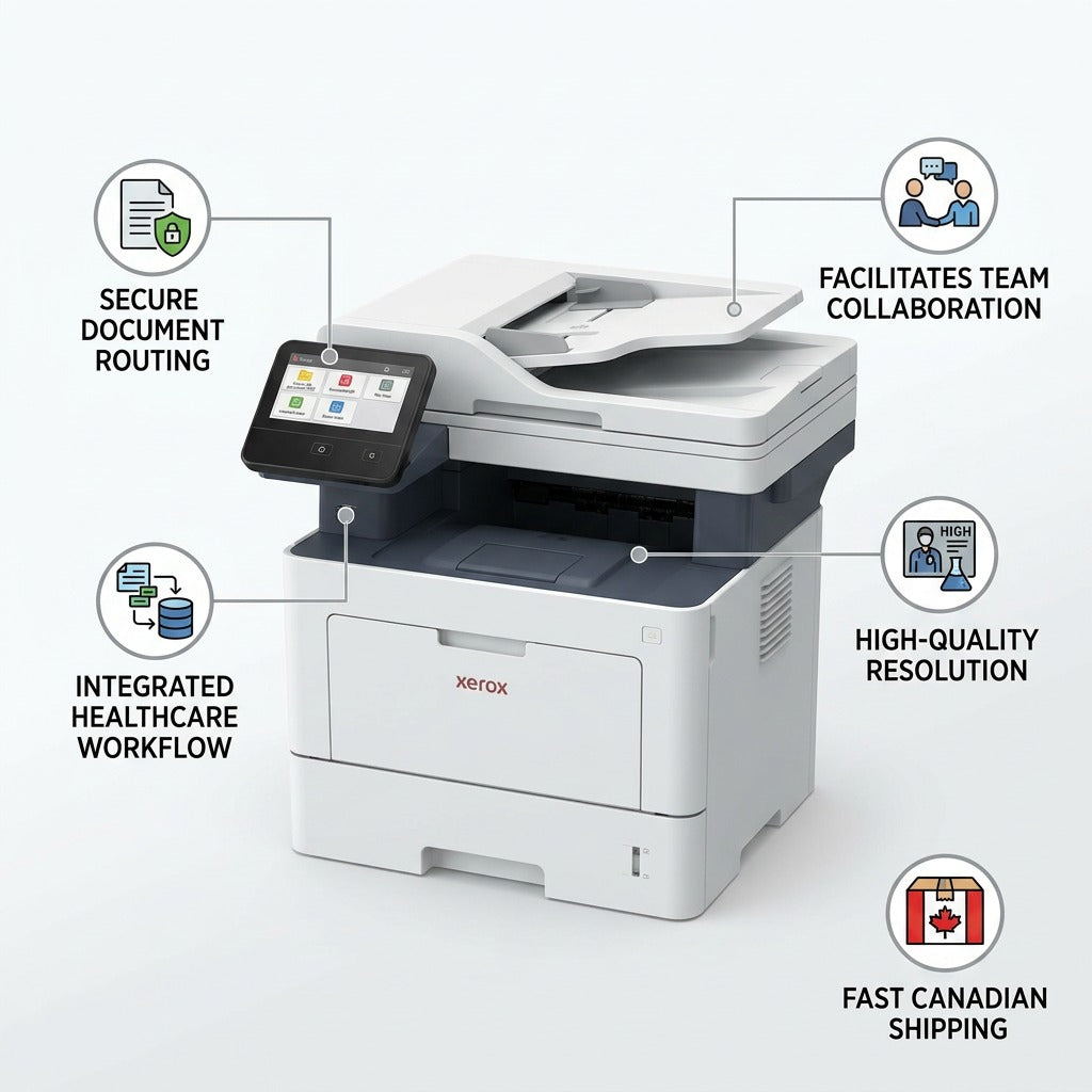 Ecommerce graphic of Xerox 320S01058 MFP with callouts and icons highlighting Healthcare solution features.