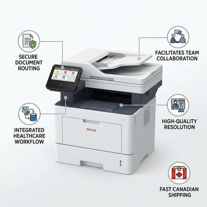 Ecommerce graphic of Xerox 320S01058 MFP with callouts and icons highlighting Healthcare solution features.