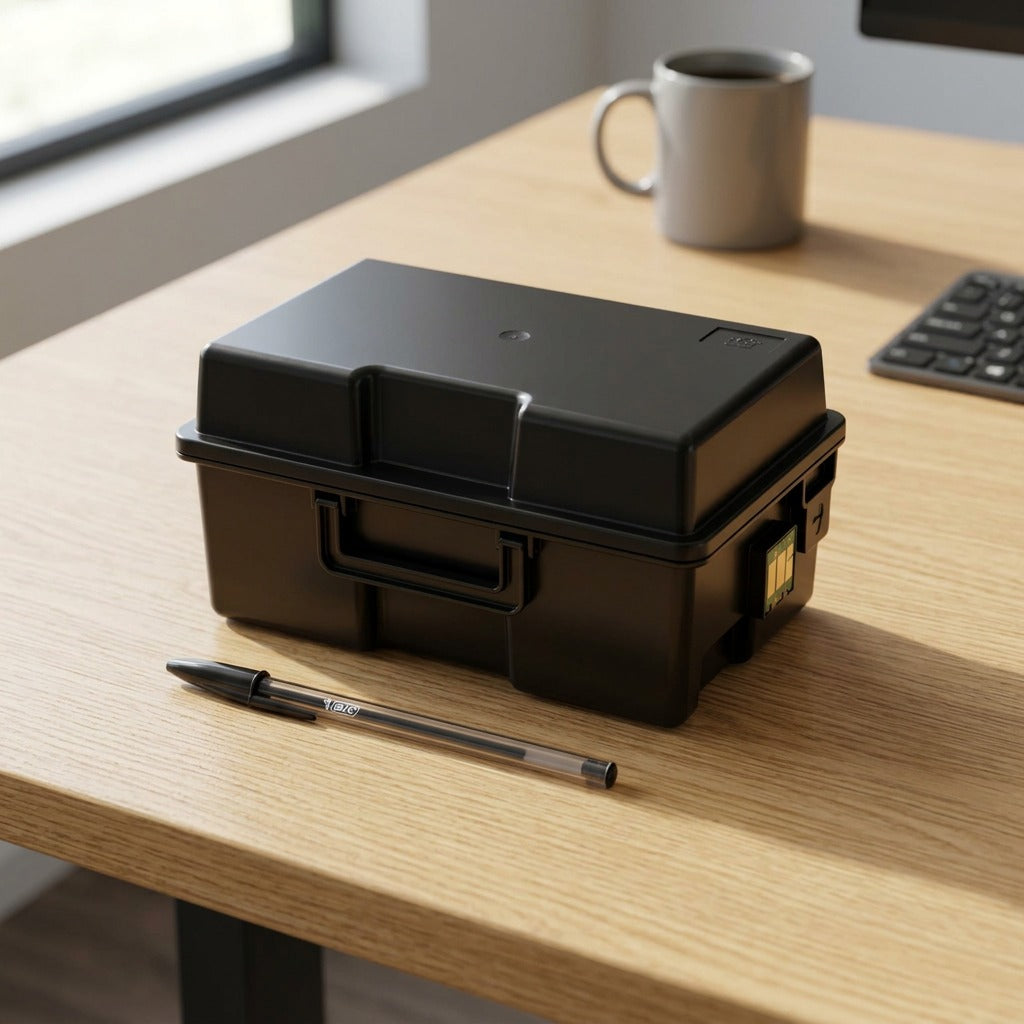 A real-world photo of the black Xerox high-capacity toner cartridge on an office desk, compared to a standard pen for scale.