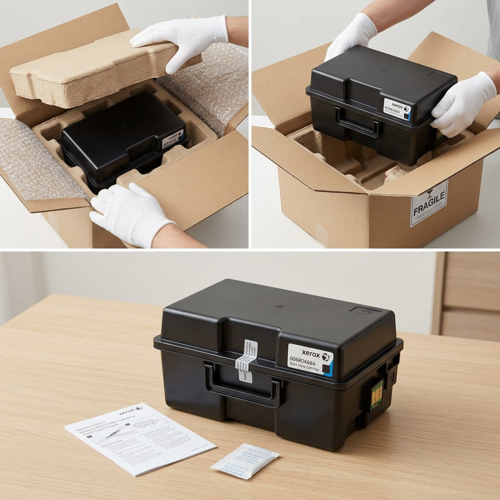 Xerox 006R04664 toner unboxing: unsealing a protected shipping carton with anti-static gloves and foam.