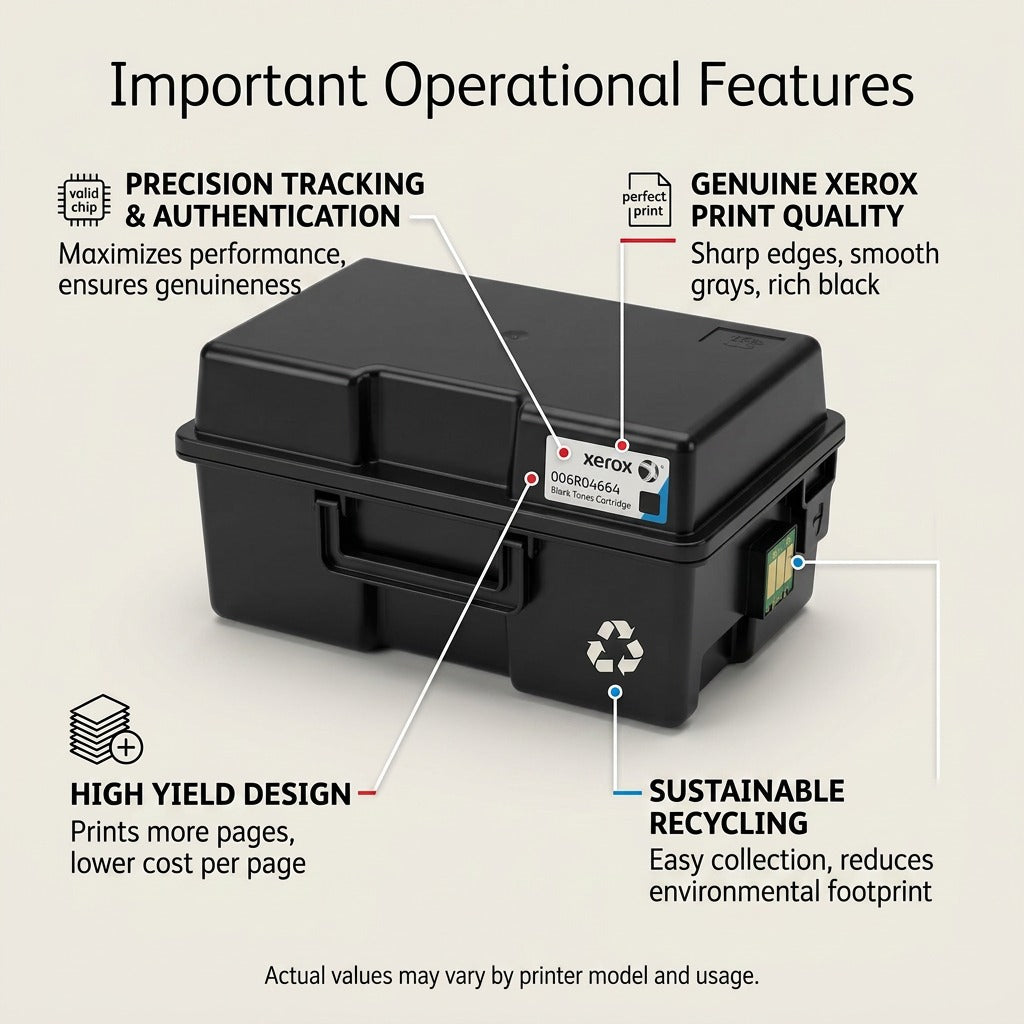 A clean infographic illustrating the important operational features of the Xerox Genuine Black High Capacity Toner Cartridge, with pointer lines for tracking, print quality, high yield, and sustainable recycling.