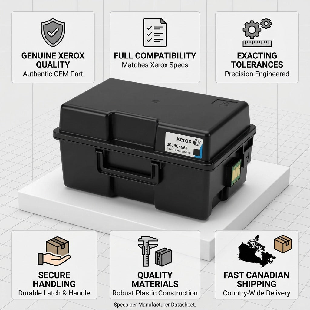 A photorealistic matrix infographic for the Xerox 006R04664 Black Toner, centered on the exact product image. Surrounding icon-text pairs cite 'GENUINE XEROX QUALITY', 'MPN 006R04664', 'OEM SPECIFICATIONS', 'BLACK TONER', 'ROBUST BUILD', and 'FAST CANADIAN SHIPPING'. Background is clean, light grey with subtle grid details. The product image is canonical and unchanged.
