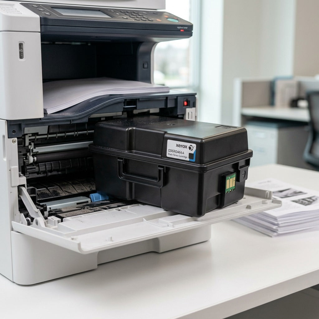 A photo of the Xerox 006R04664 high capacity black toner cartridge on a modern office printer.