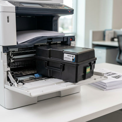 A photo of the Xerox 006R04664 high capacity black toner cartridge on a modern office printer.