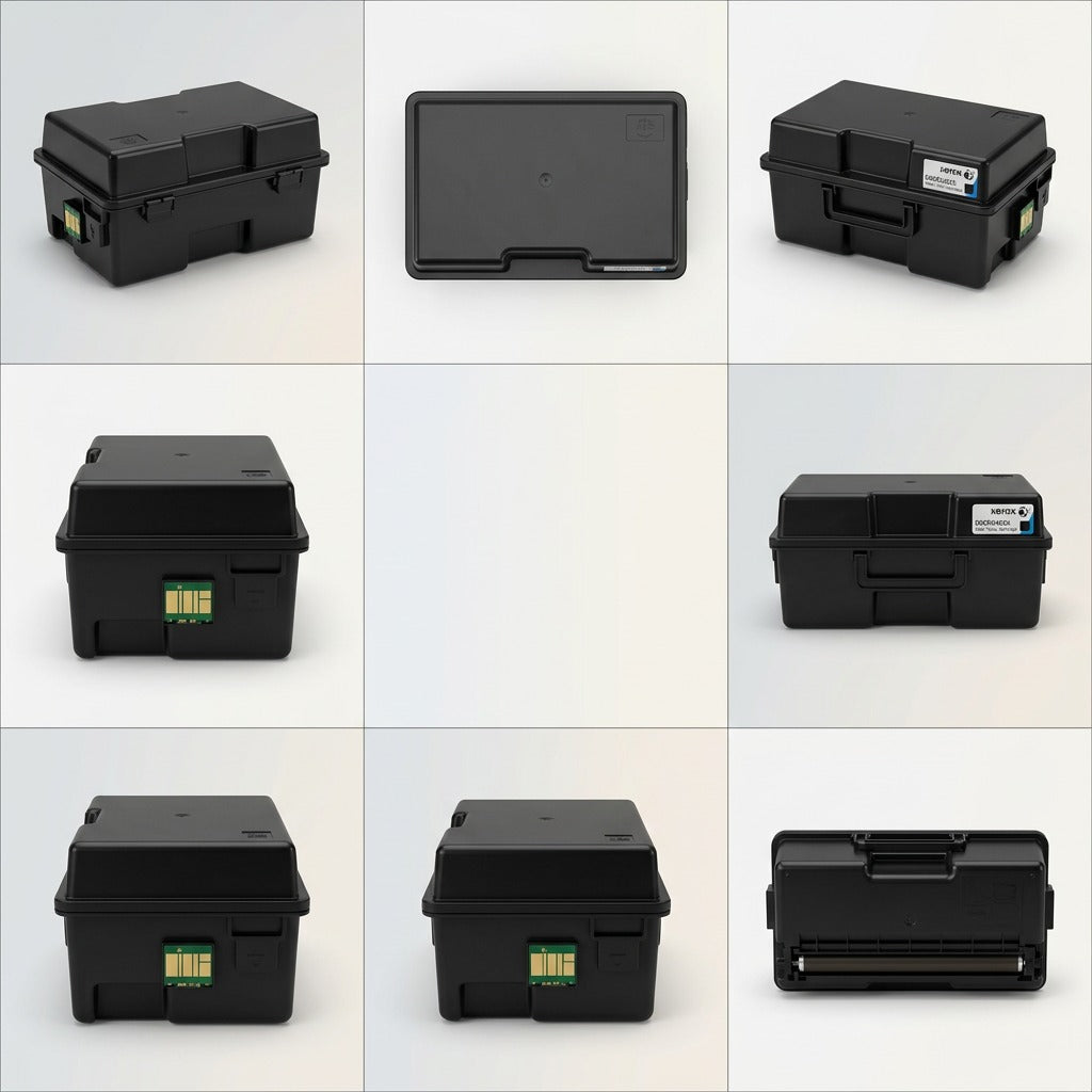A premium 3x2 product matrix showcasing the Xerox black toner cartridge (part 006R04664) from six distinct angles and positions, highlighting its geometry and features against a clean background.