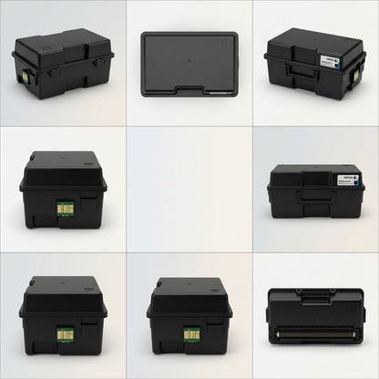 A premium 3x2 product matrix showcasing the Xerox black toner cartridge (part 006R04664) from six distinct angles and positions, highlighting its geometry and features against a clean background.