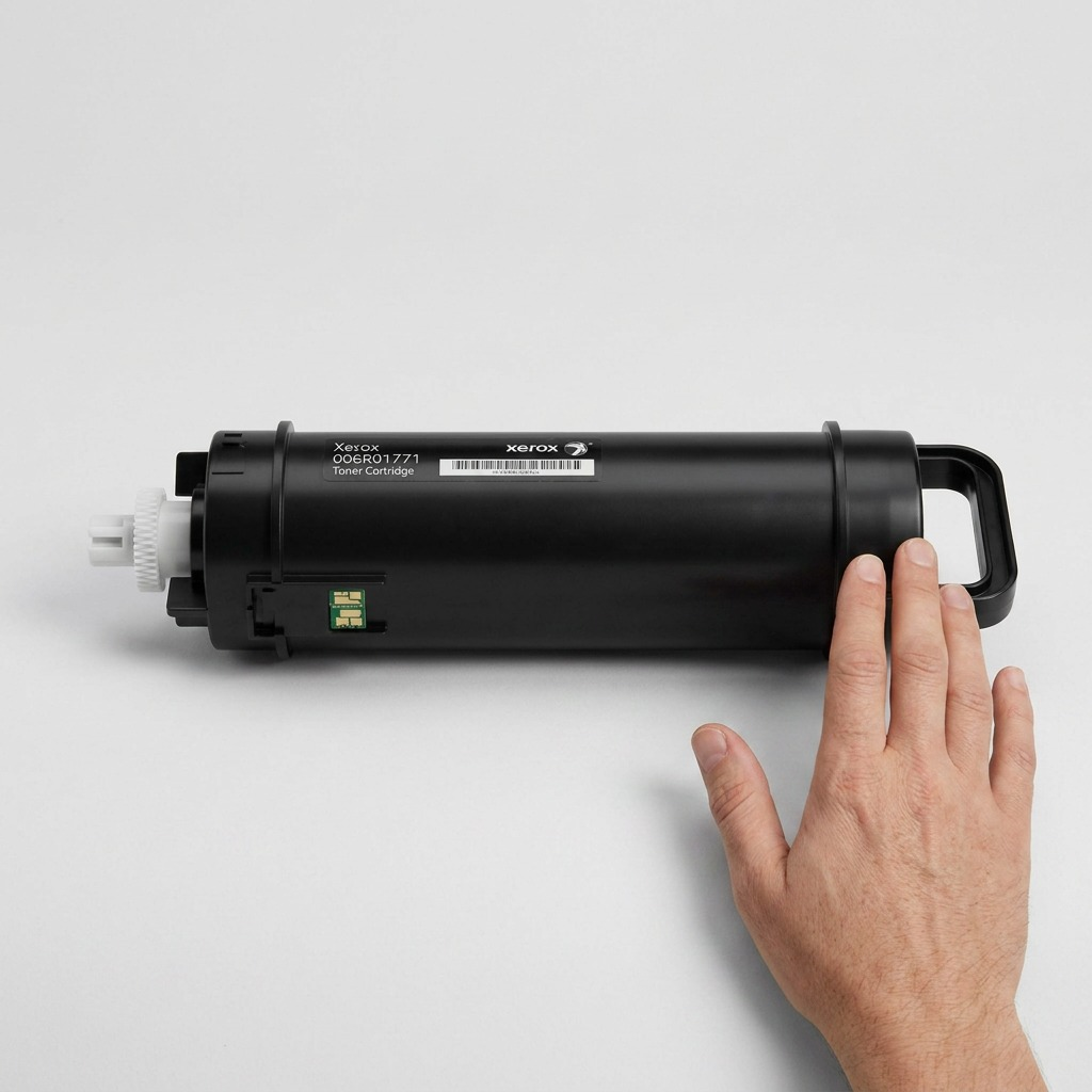 ~ Xerox 006R01771 toner cartridge shown with an average adult hand for size comparison on a clean grey background.