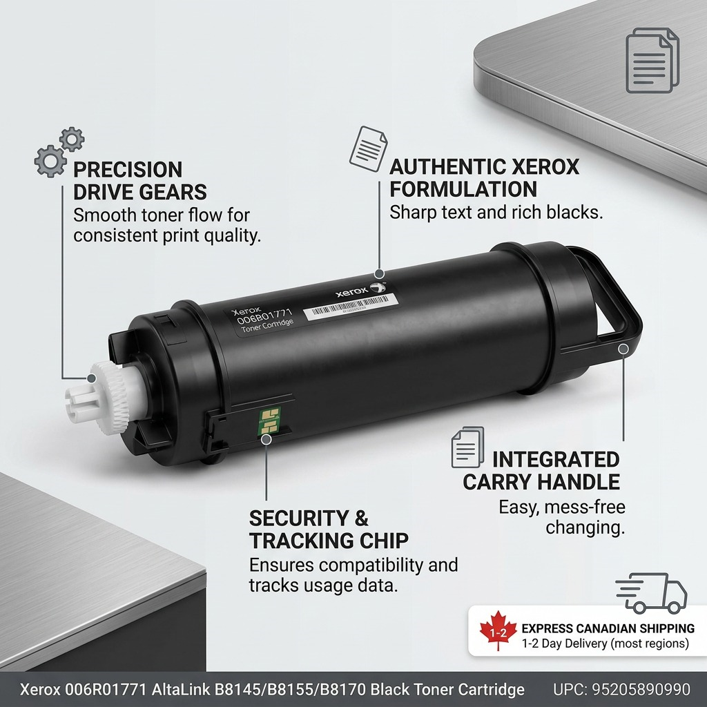 A product feature callout graphic for the Xerox 006R01771 toner, detailing key components and benefits for users.