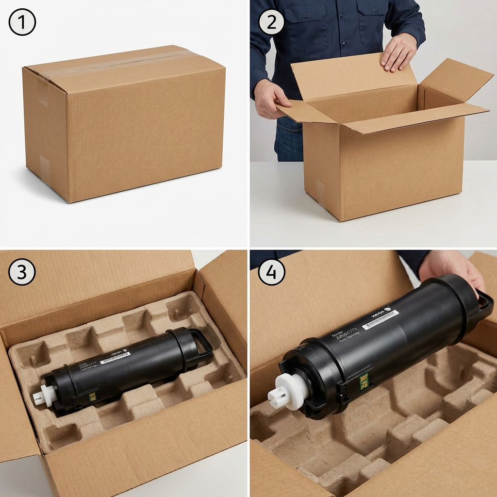 Sequence of unboxing showing protective molded pulp packaging surrounding the new toner cartridge for safe transit.