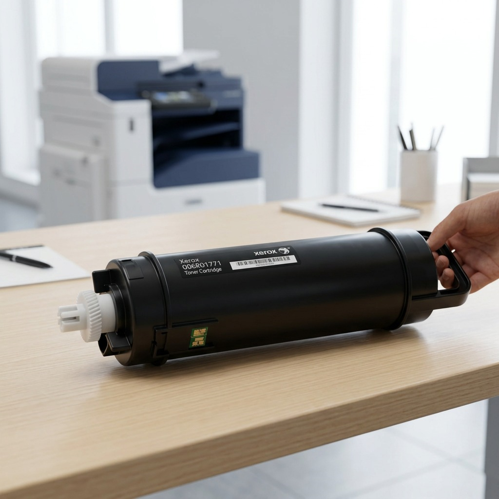 A genuine Xerox B8145 toner sits on a wooden desk with a hand holding its handle.